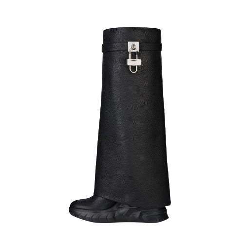 QAMRA Lock Detailed Wedged Heel Leather Knee High Boots