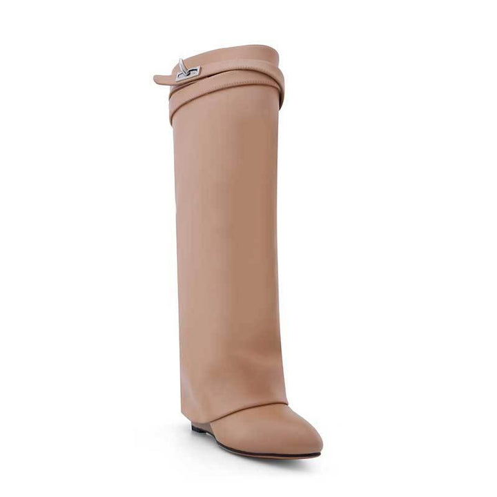 QAMRA Leather Wedged Heel Knee High Boots - ithelabel.com