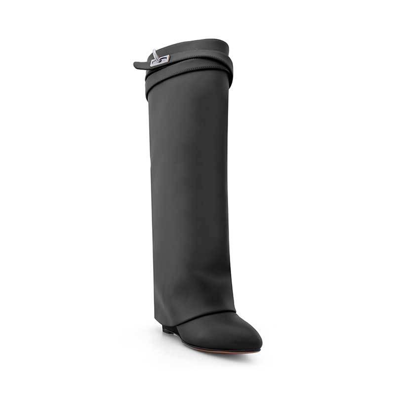 QAMRA Leather Wedged Heel Knee High Boots - ithelabel.com