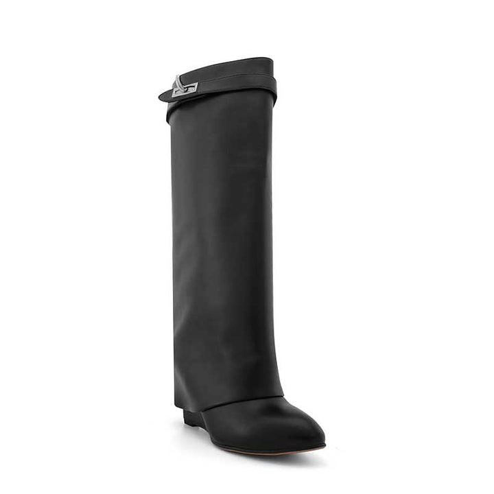 QAMRA Leather Wedged Heel Knee High Boots - ithelabel.com