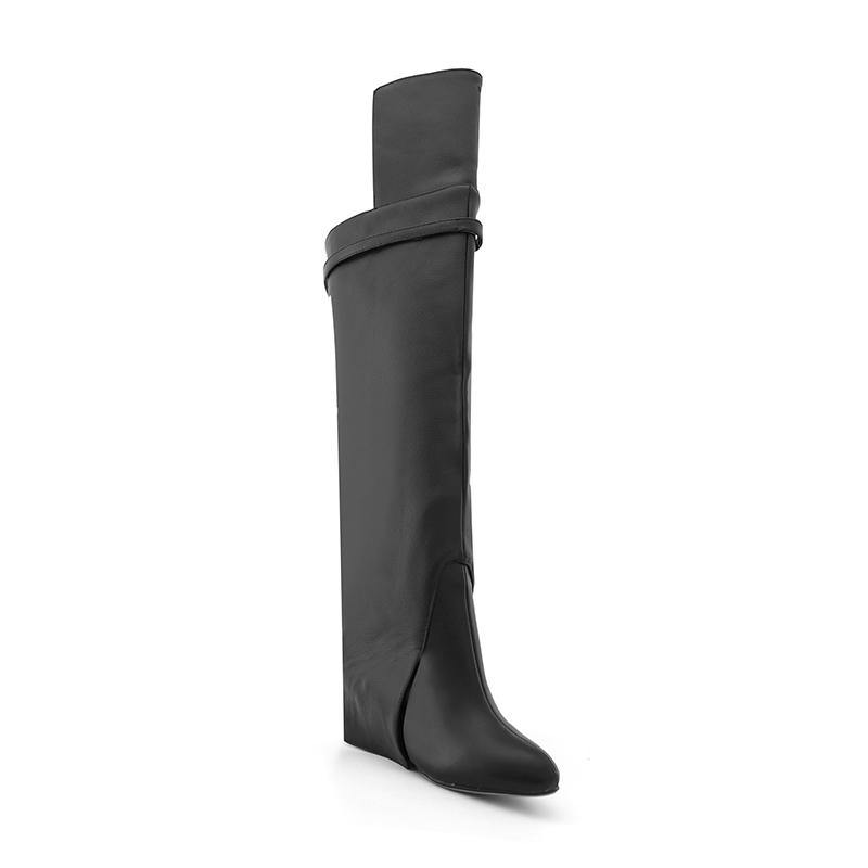 QAMRA Leather Wedged Heel Knee High Boots - ithelabel.com