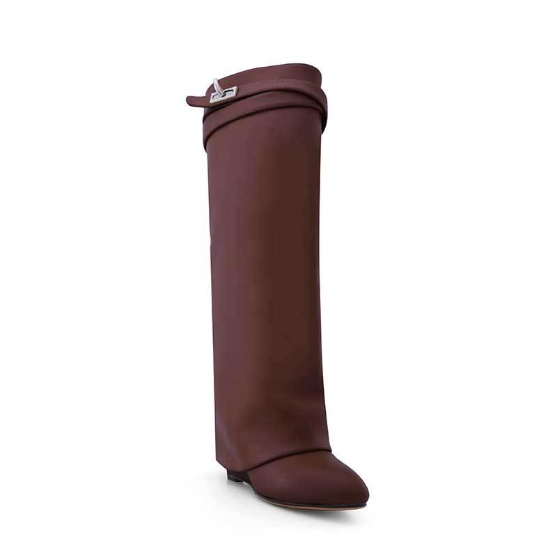 QAMRA Leather Wedged Heel Knee High Boots - ithelabel.com