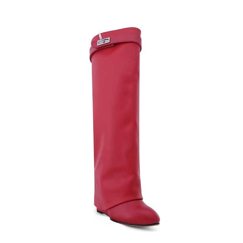 QAMRA Leather Wedged Heel Knee High Boots - ithelabel.com