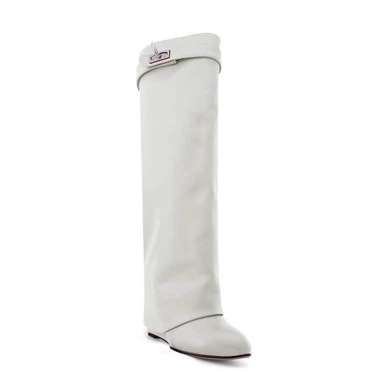 QAMRA Leather Wedged Heel Knee High Boots - ithelabel.com