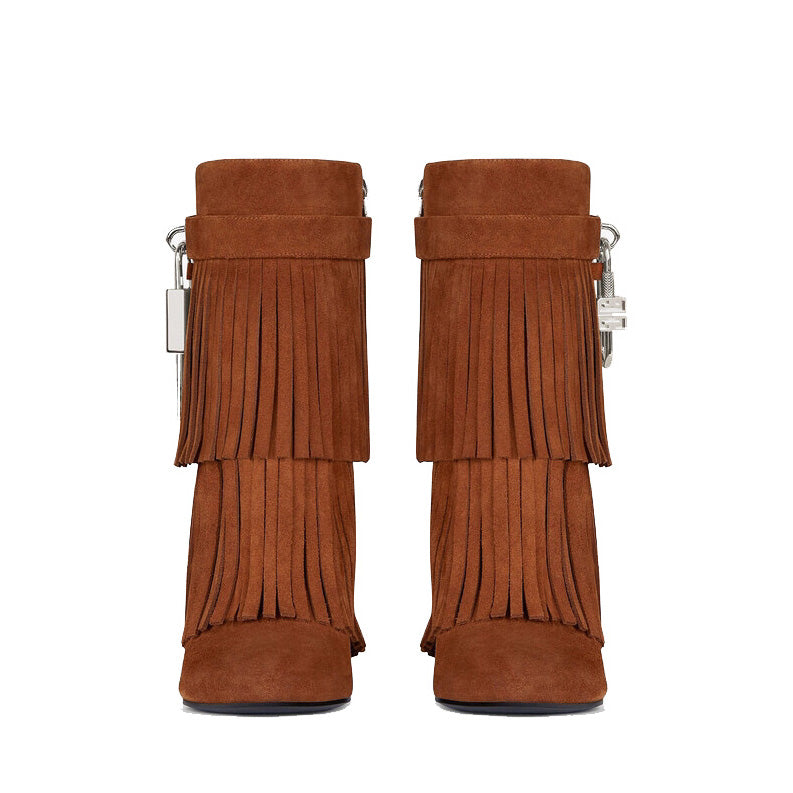 QAMRA Lock Detailed Fringed Suede Wedged Heel Ankle Boots