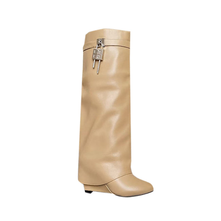 QAMRA Lock Detailed Leather Wedged Heel Knee High Boots