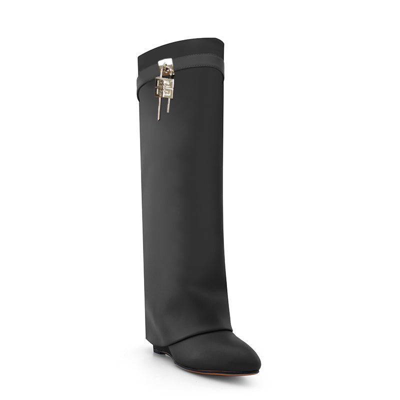 QAMRA Lock Detailed Leather Wedged Heel Knee High Boots