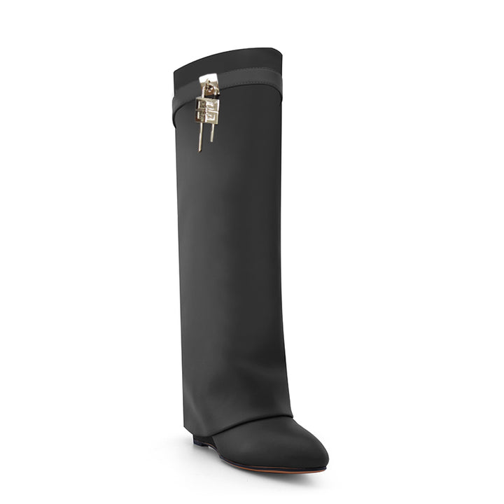 QAMRA Lock Detailed Leather Wedged Heel Knee High Boots