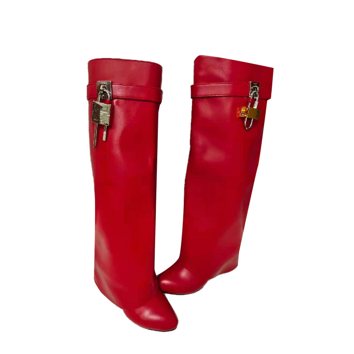 QAMRA Lock Detailed Leather Wedged Heel Knee High Boots