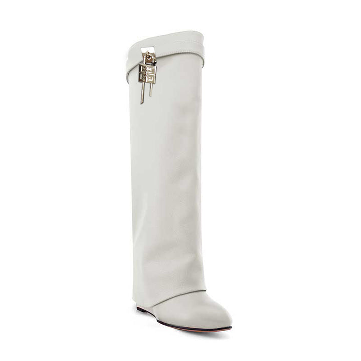 QAMRA Lock Detailed Leather Wedged Heel Knee High Boots