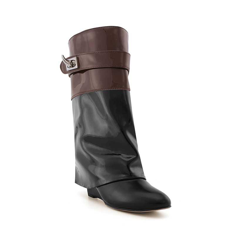 QAMRA Patent Leather Wedged Heel Ankle Boots - ithelabel.com