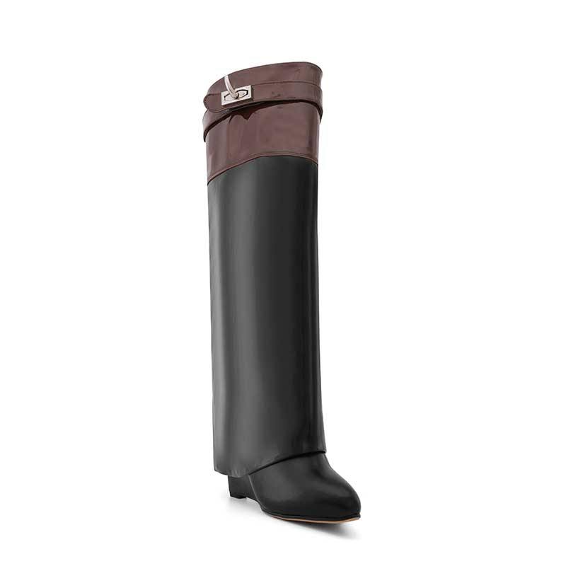 QAMRA Patent Leather Wedged Heel Knee High Boots - ithelabel.com