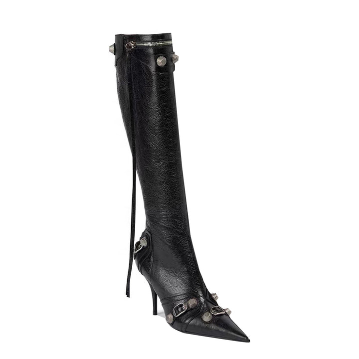 RETHA Studded And Buckled Leather Knee High Boots