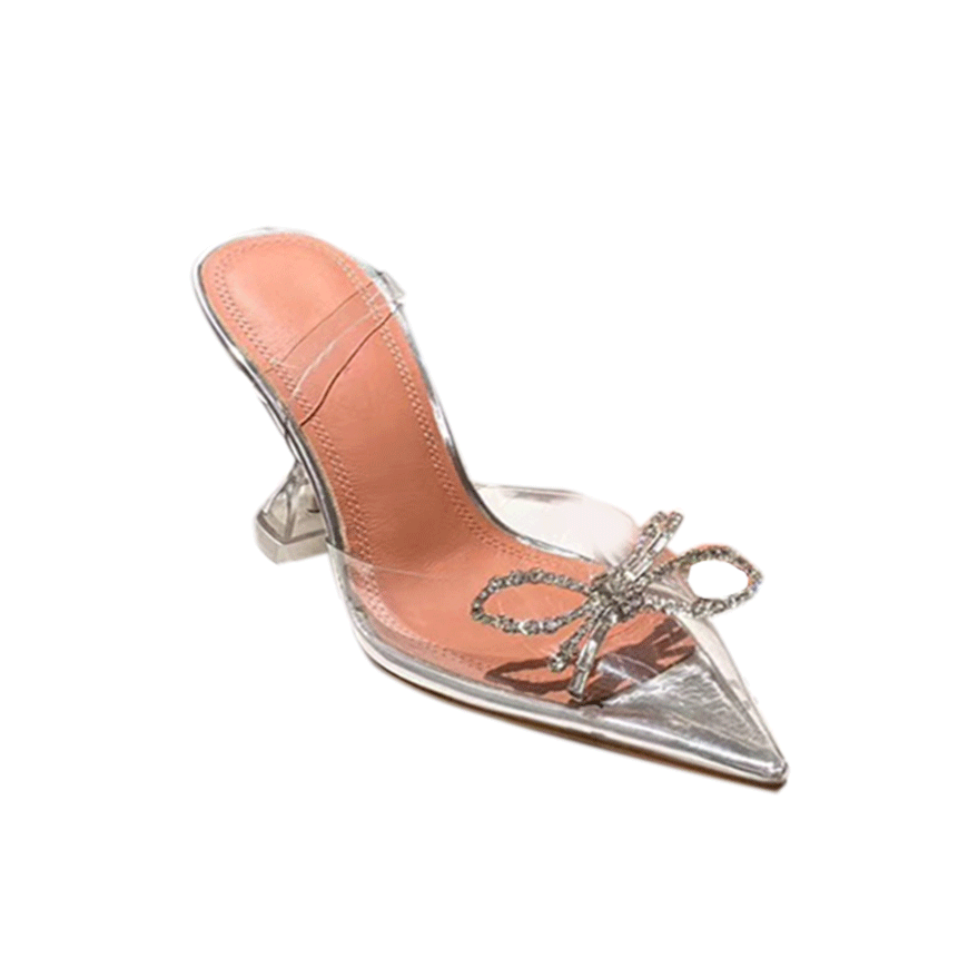RIENE Diamante Bow PVC Mid Heel Naked Sandals - 7cm - ithelabel.com