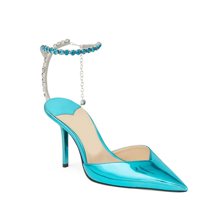 RISIA Ankle Diamante Patent Leather Mid Heel Sandals - 7cm