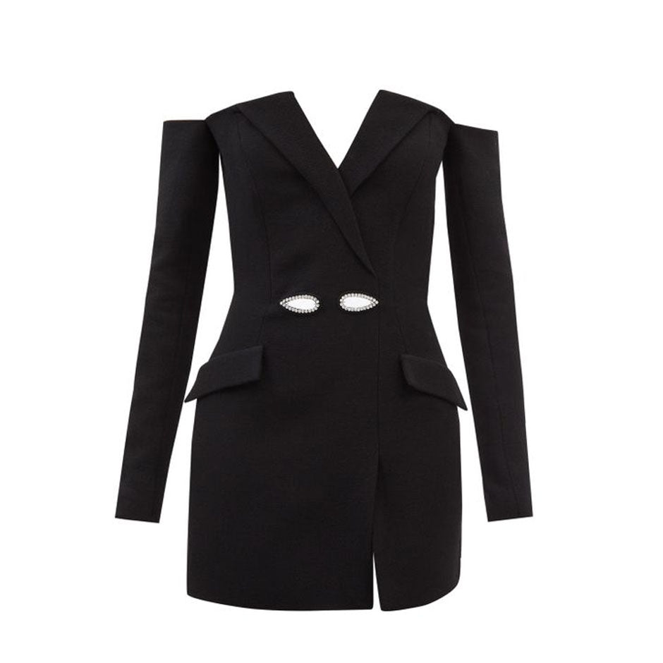 balmain one shoulder blazer dress BALMAIN One-shoulder button-embellished grain de poudre wool mini dress