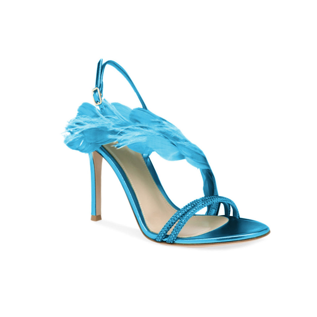 SUNIE Feather And Damante Mid Heel Sandals - 7.5cm