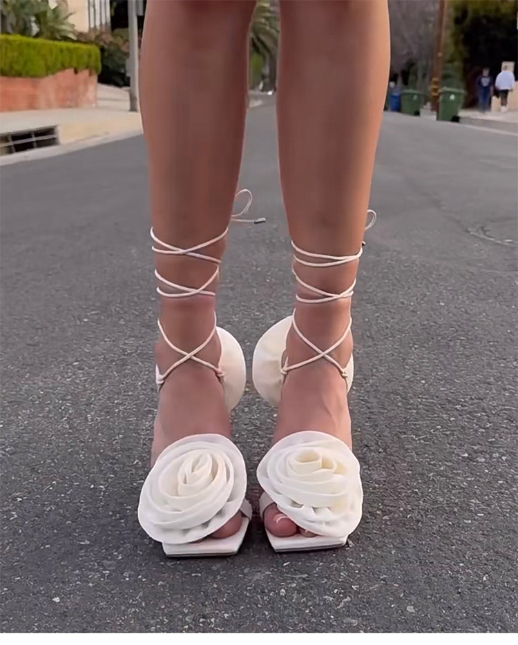 SURKO Flower Lace Up Mid Heel Sandals