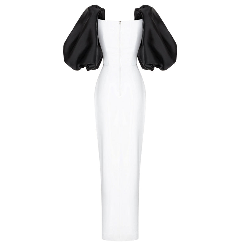 Black White COIME Puff Sleeves Bi-Color Maxi Evening Dress Gown | i The ...