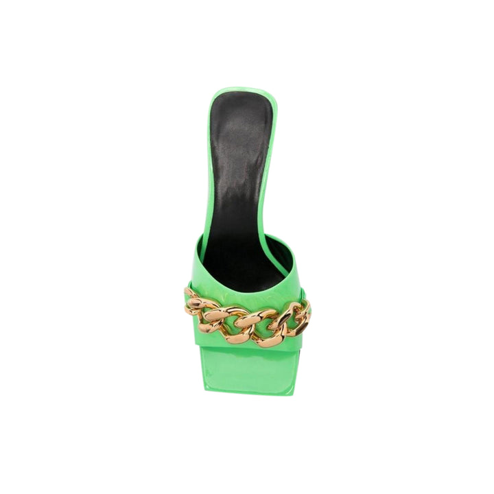 HASEL Chain Embellished Leather Mid Heel Mules Sandals