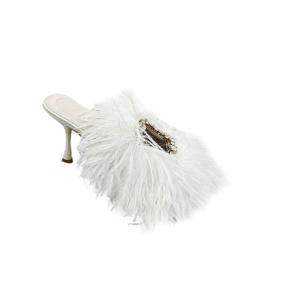 LONUE Diamante Buckled Fur Mules Sandals - 8.8cm