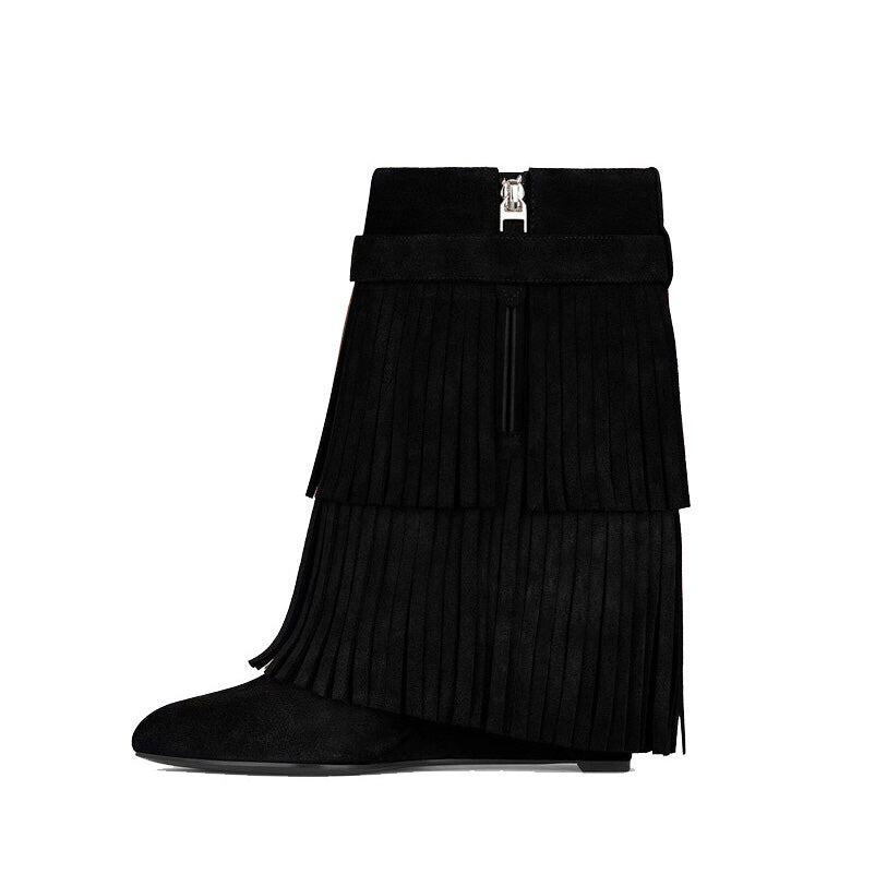 QAMRA Lock Detailed Fringed Suede Wedged Heel Ankle Boots