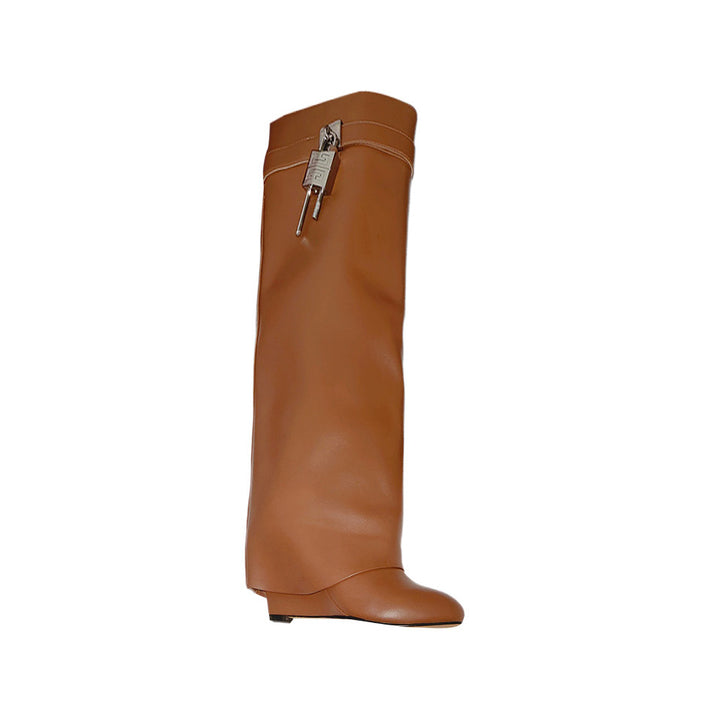 QAMRA Lock Detailed Leather Wedged Heel Knee High Boots