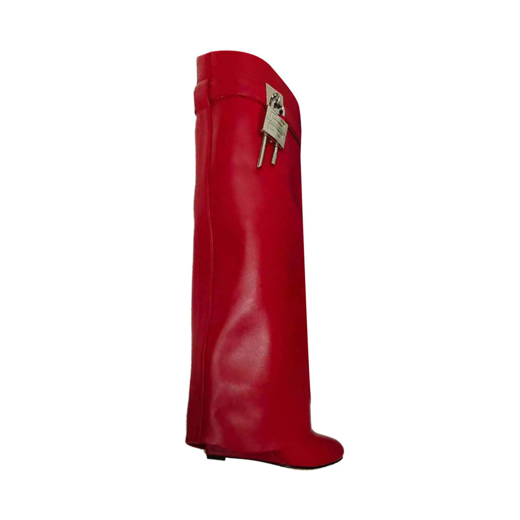 QAMRA Lock Detailed Leather Wedged Heel Knee High Boots