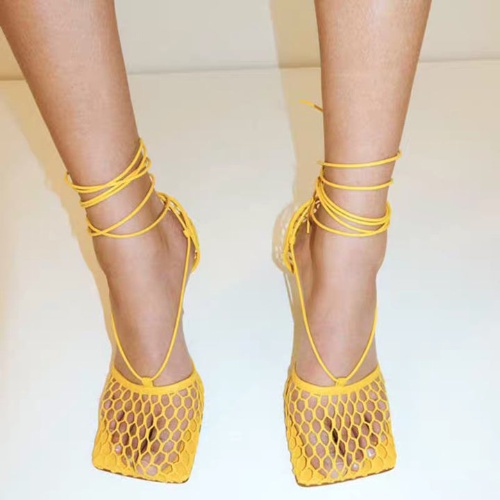RAHOR Lace Up Fishnet High Heel Sandals - ithelabel.com