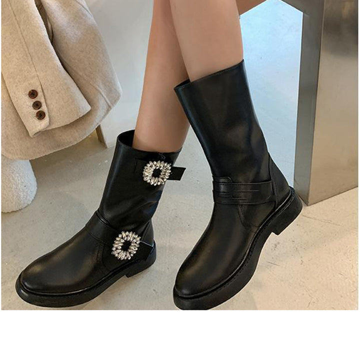 RIAME Diamante Buckled Leather Ankle Boots