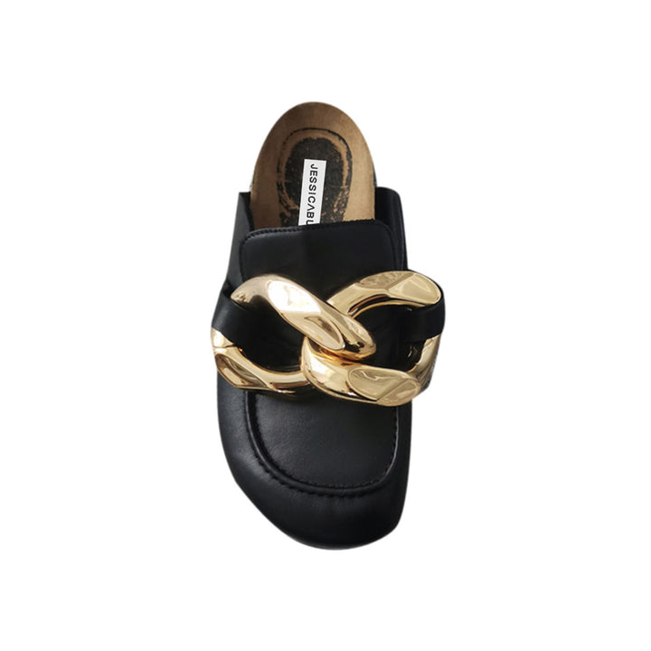 RIYON Chain Embellished Leather Flat Slippers Slides