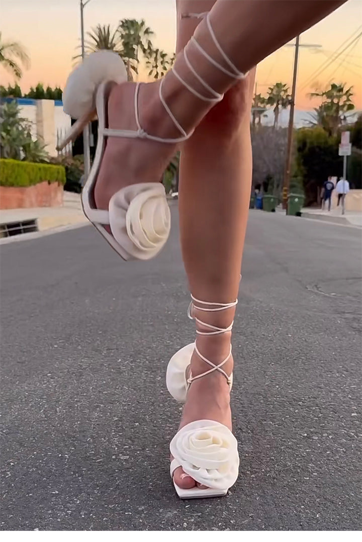 SURKO Flower Lace Up Mid Heel Sandals
