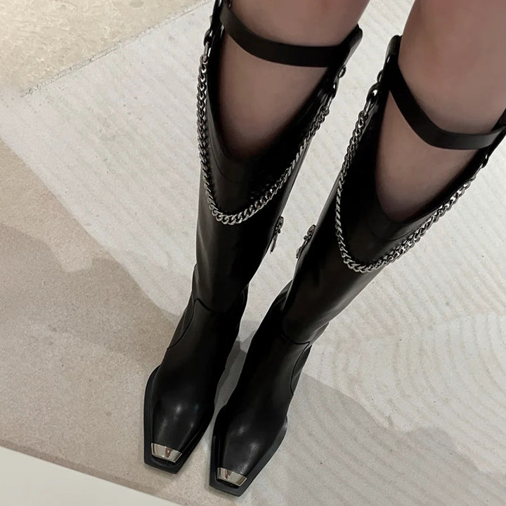 GISIE Metal-Plated Chain Embellished Knee High Boots