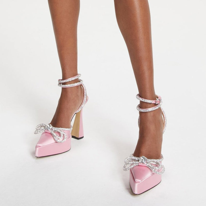 HERYI Diamante Bow Ankle Strap Platform Sandals