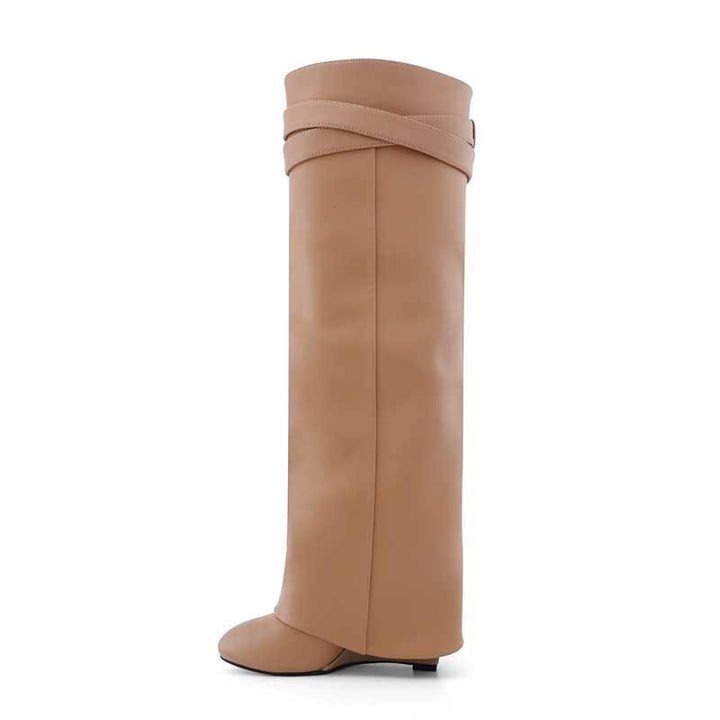 QAMRA Leather Wedged Heel Knee High Boots - ithelabel.com