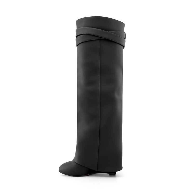 QAMRA Leather Wedged Heel Knee High Boots - ithelabel.com