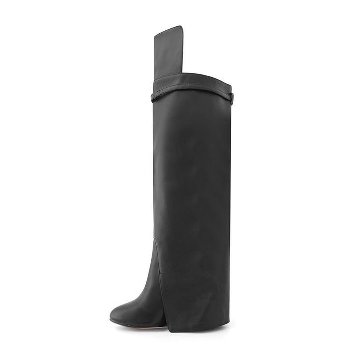 QAMRA Leather Wedged Heel Knee High Boots - ithelabel.com