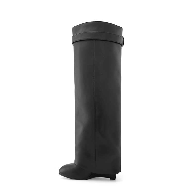 QAMRA Leather Wedged Heel Knee High Boots - ithelabel.com