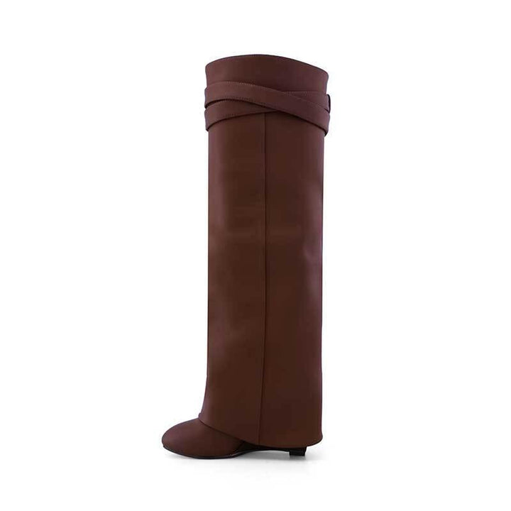 QAMRA Leather Wedged Heel Knee High Boots - ithelabel.com