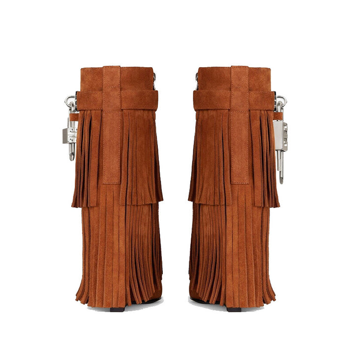 QAMRA Lock Detailed Fringed Suede Wedged Heel Ankle Boots