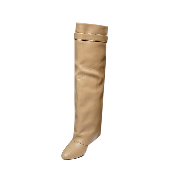 QAMRA Lock Detailed Leather Wedged Heel Knee High Boots