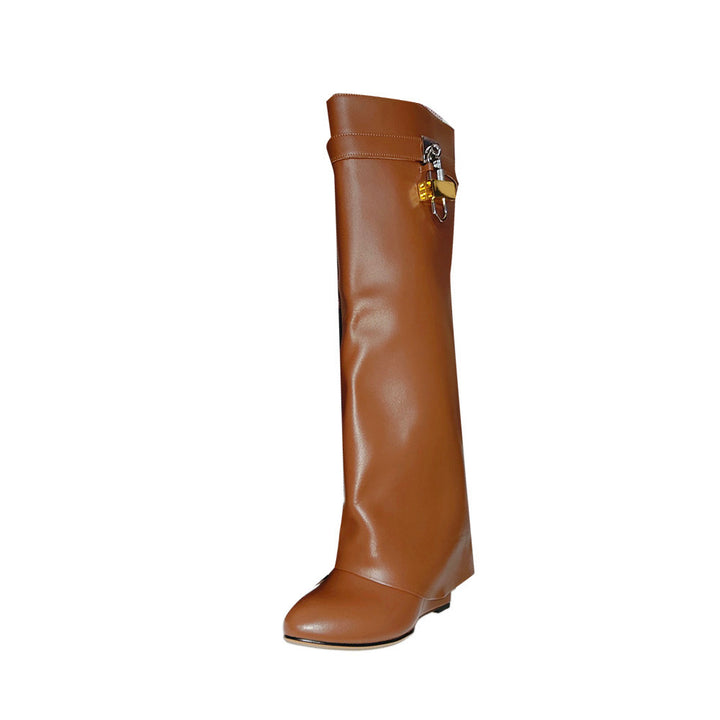 QAMRA Lock Detailed Leather Wedged Heel Knee High Boots