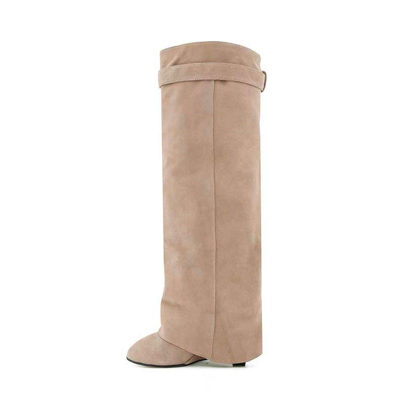 QAMRA Lock Detailed Suede Wedged Heel Knee High Boots