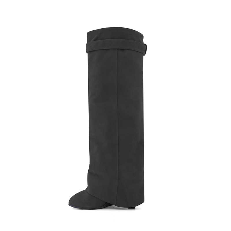 QAMRA Lock Detailed Suede Wedged Heel Knee High Boots