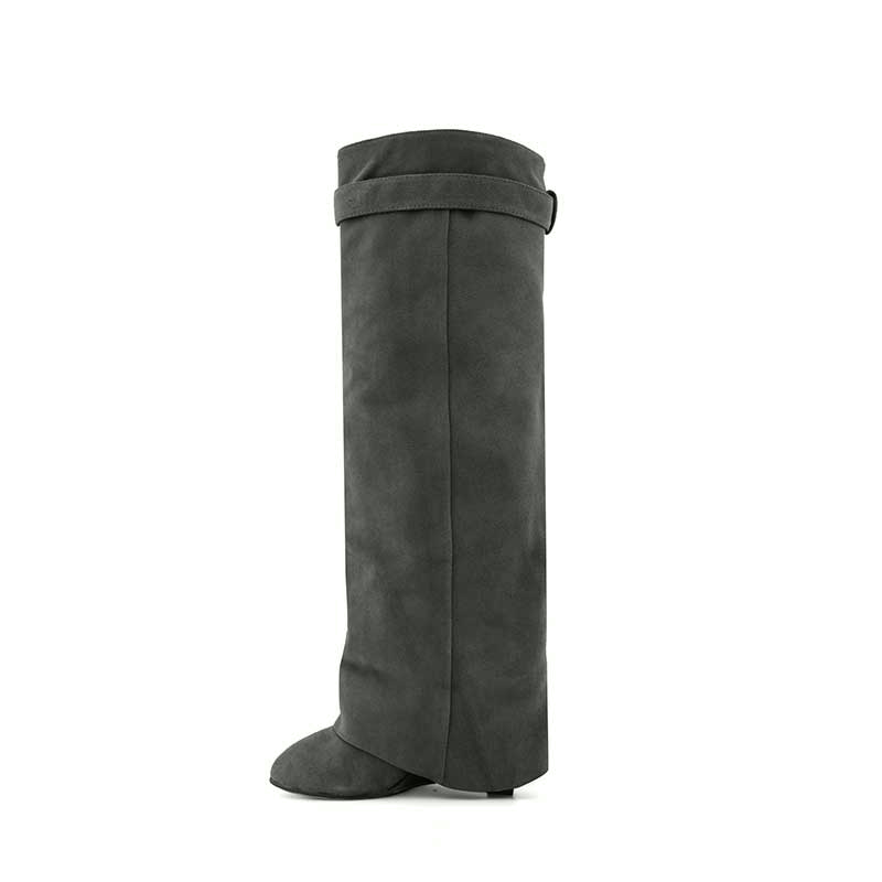 QAMRA Lock Detailed Suede Wedged Heel Knee High Boots