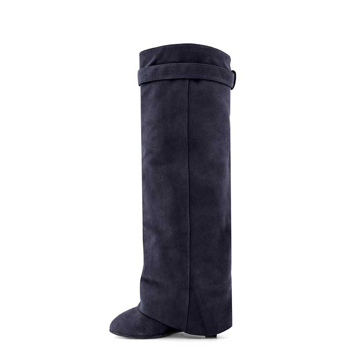 QAMRA Lock Detailed Suede Wedged Heel Knee High Boots