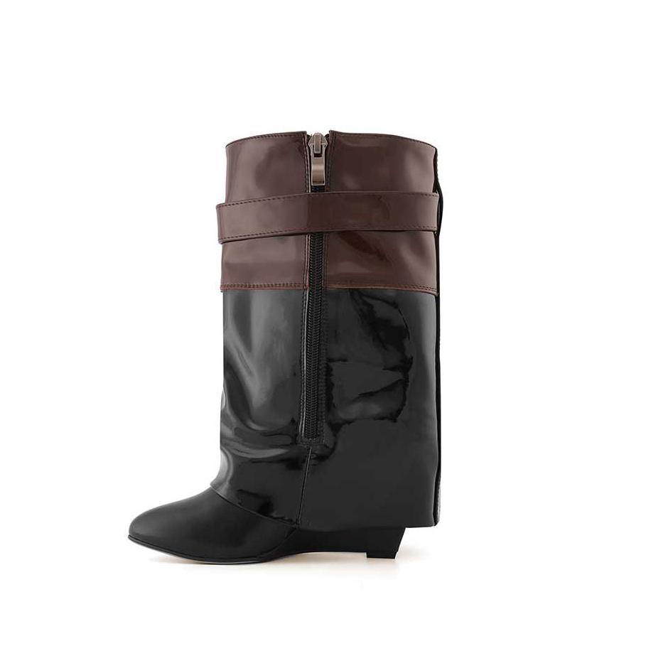 QAMRA Patent Leather Wedged Heel Ankle Boots - ithelabel.com