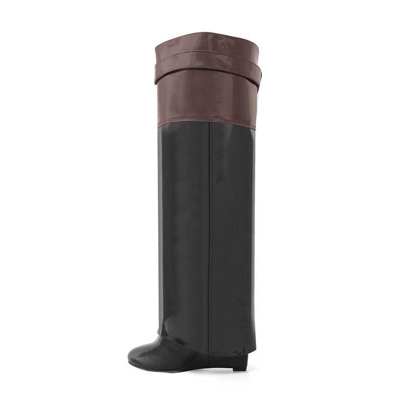 QAMRA Patent Leather Wedged Heel Knee High Boots - ithelabel.com