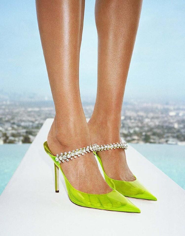 SUNRM Diamante PVC High Heel Mules Sandals
