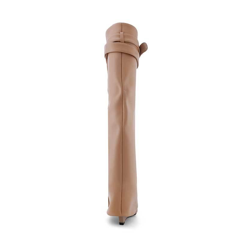 QAMRA Leather Wedged Heel Knee High Boots - ithelabel.com